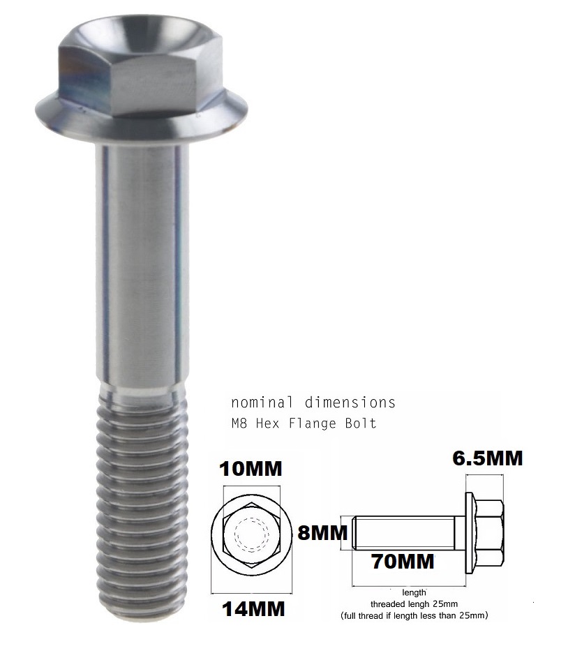 M8X70MM 1.25 THREAD PITCH TITANIUM FLANGE 10MM HEX BOLT GRADE 5